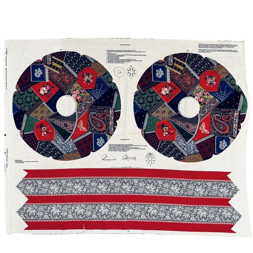 Cut & Sew Christmas Victorian Crazy Quilt Wreath Fabric Panel Xmas Wreath *Read*